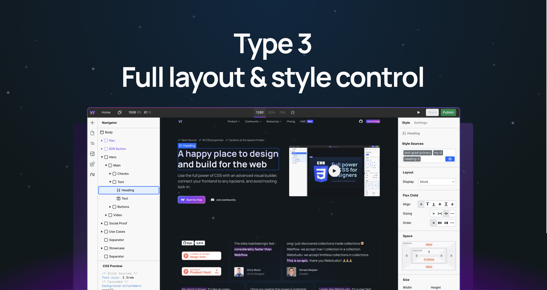 "Type 3 Full layout & style control" and screenshot of a type 3 website builder