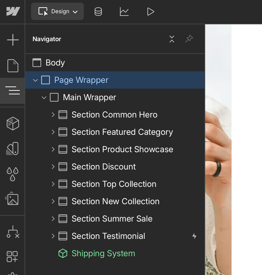 Webstudio Navigator showing the section structure of an ecommerce page