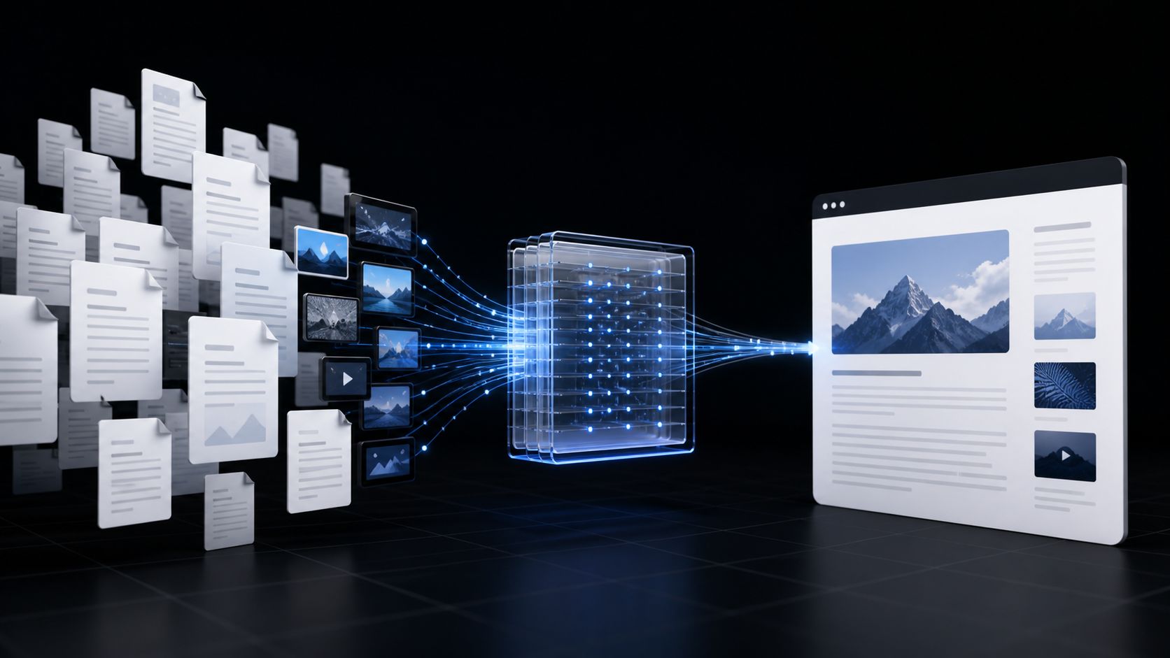 Markdown documents and media flow through the Webstudio Content Engine into a rendered webpage
