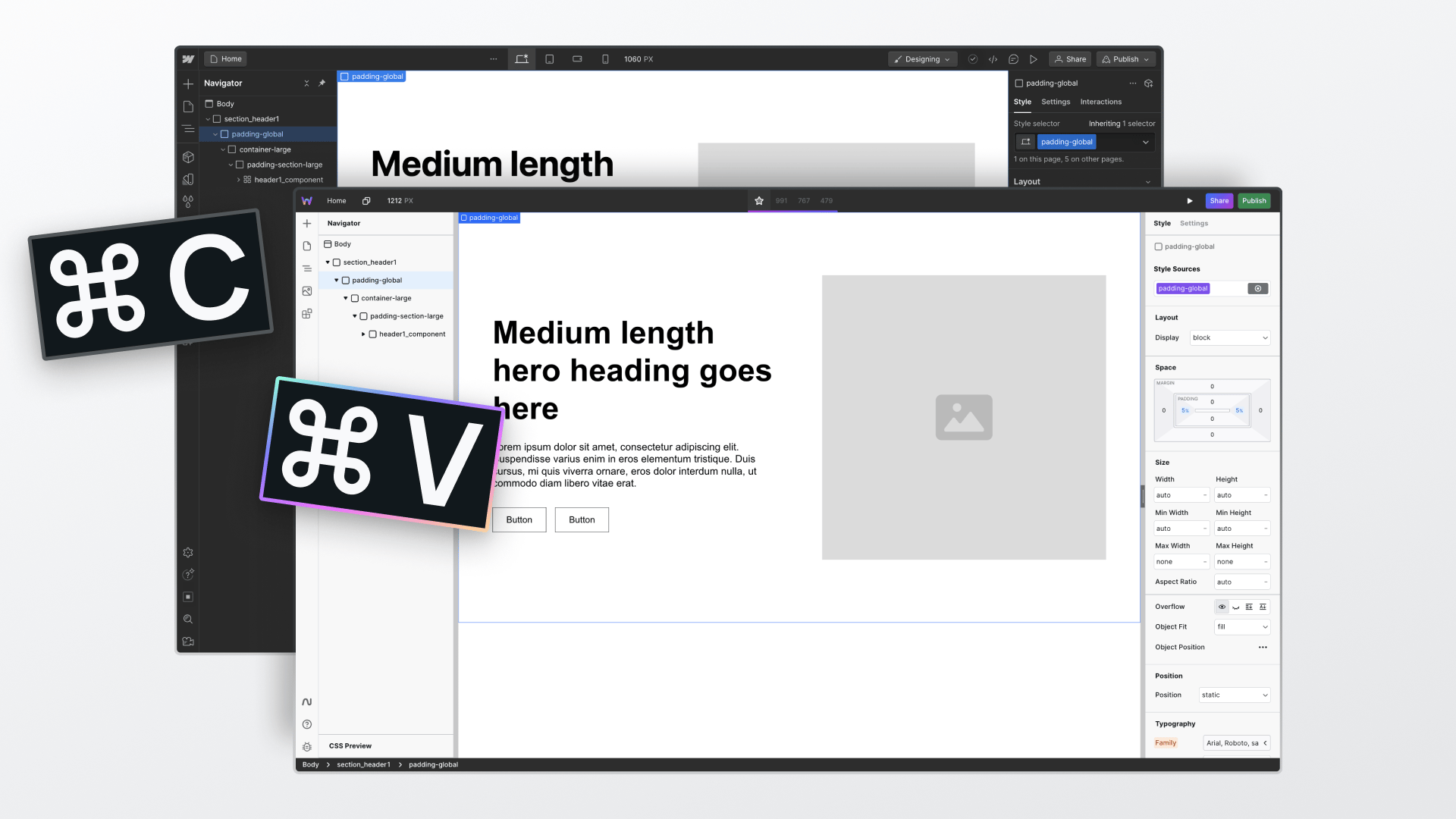Copy and paste shortcuts with Webflow and Webstudio UIs