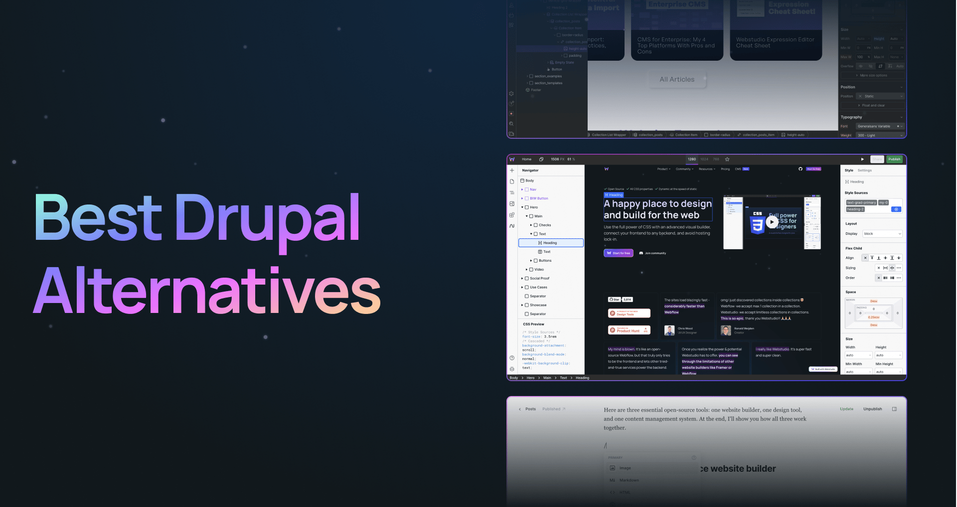"Best Drupal alternatives" with 3 screenshots of the alternatives