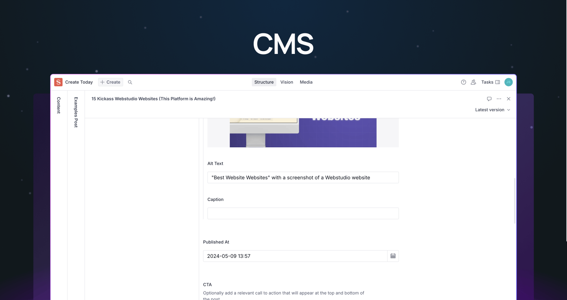 "CMS" with screenshot of Sanity CMS