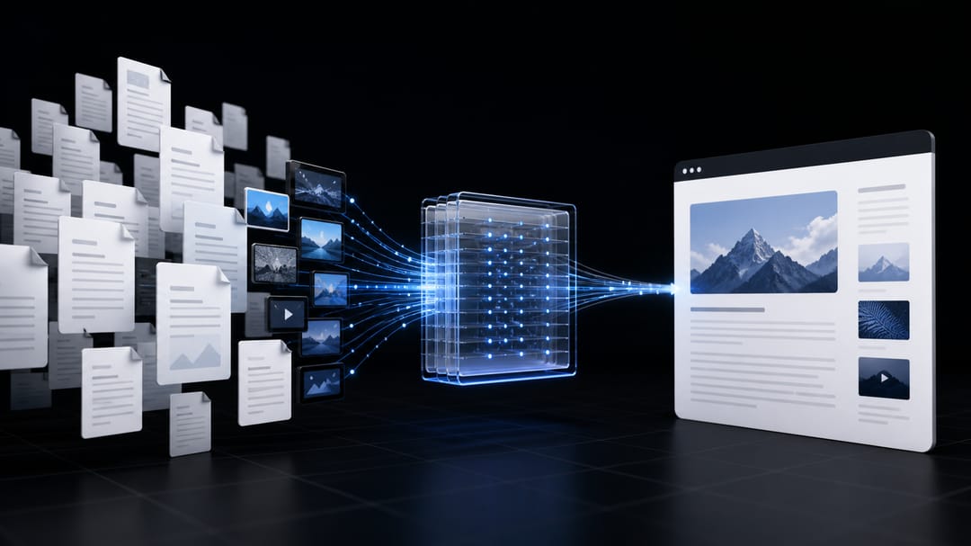 Markdown documents and media flowing through the Webstudio Content Engine into a rendered webpage