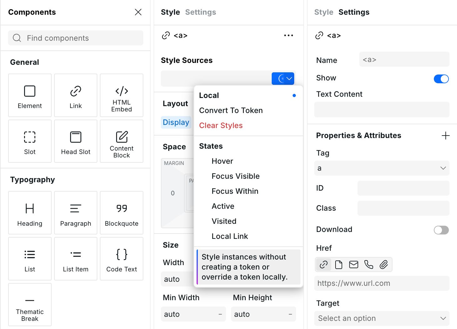 Webstudio Components, Style, and Settings panels showing the HTML element workflow