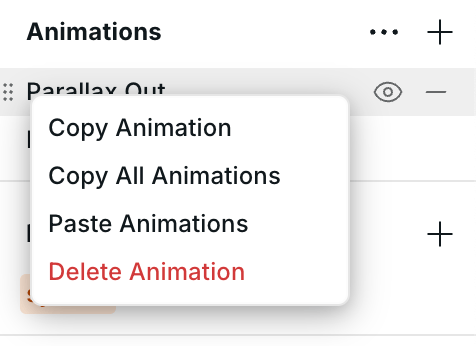 Animations menu with copy, paste, and delete animation actions