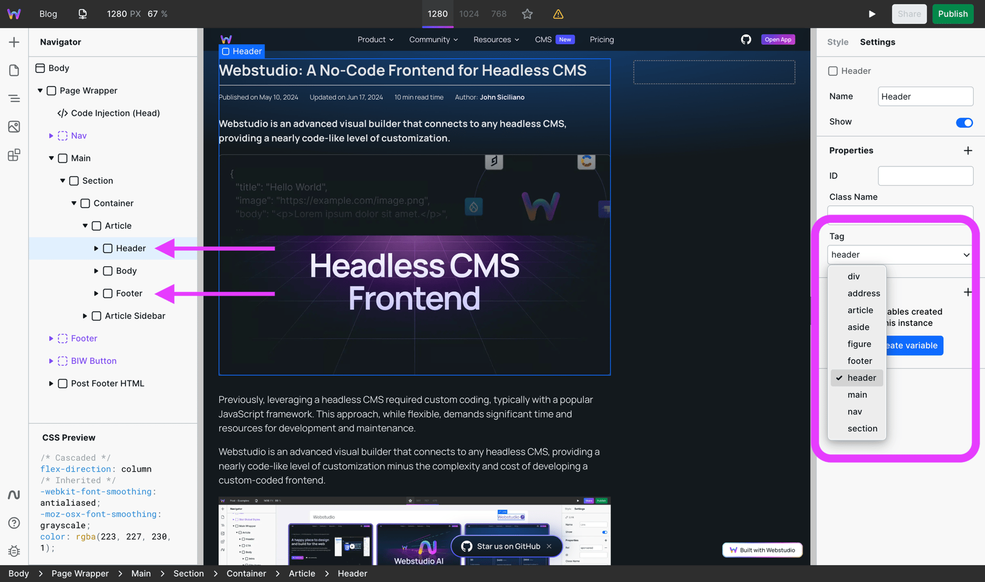 Header and footer tag in blog post