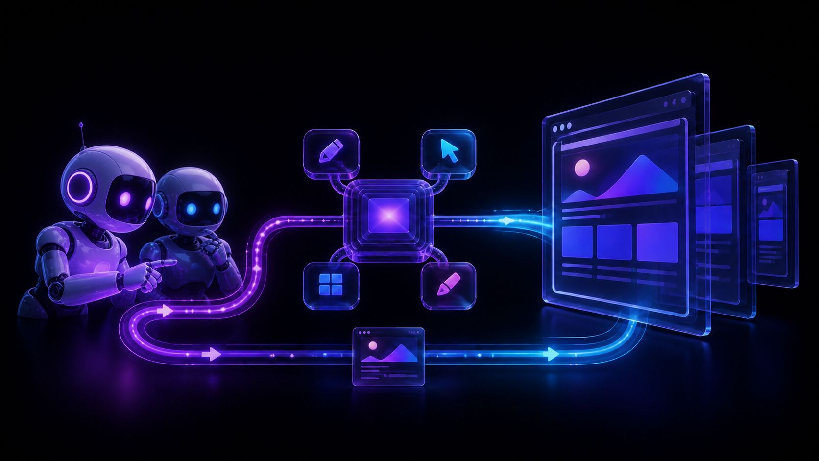 Two robot agents collaborate through an MCP tool hub to edit and verify a responsive Webstudio canvas.