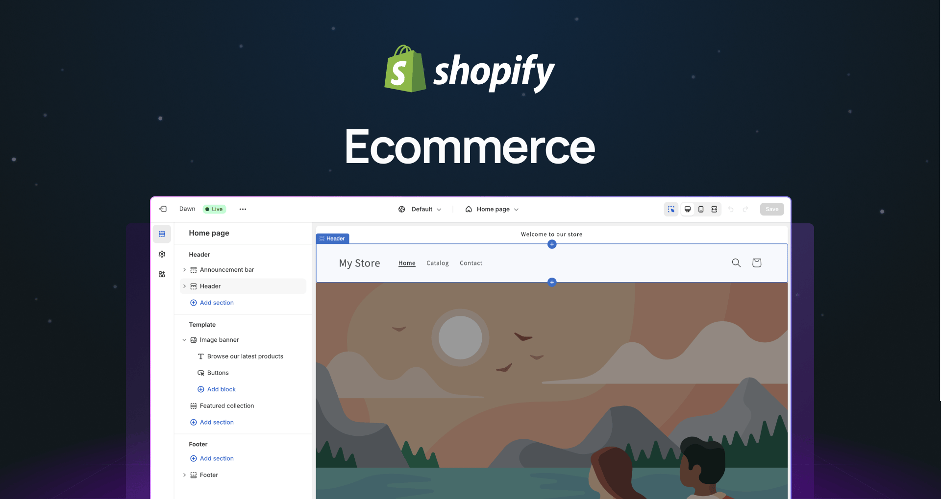 "Shopify ecommerce" with screenshot of the online store editor