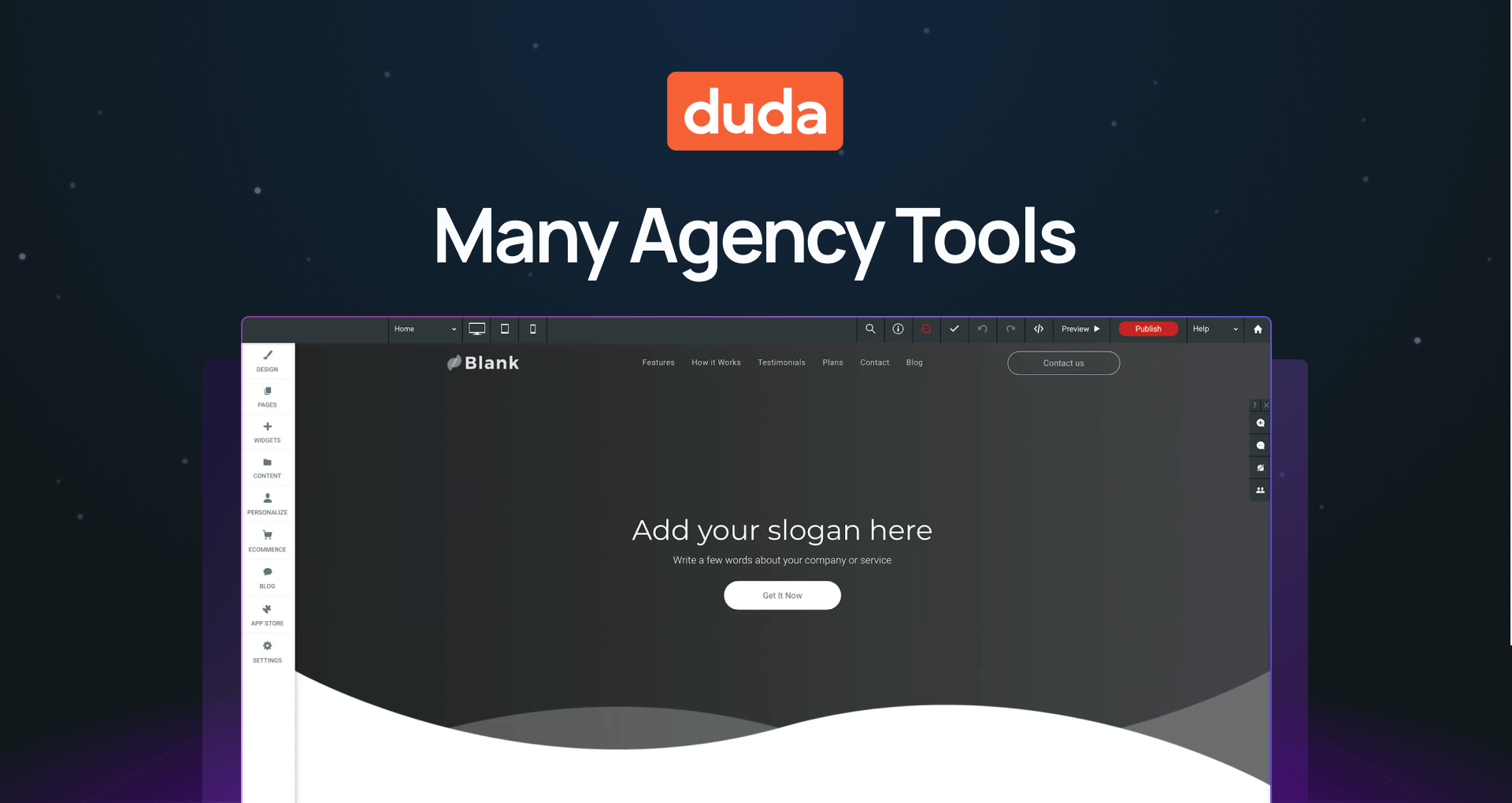 "Duda many agency tools" with screenshot of the Duda editor