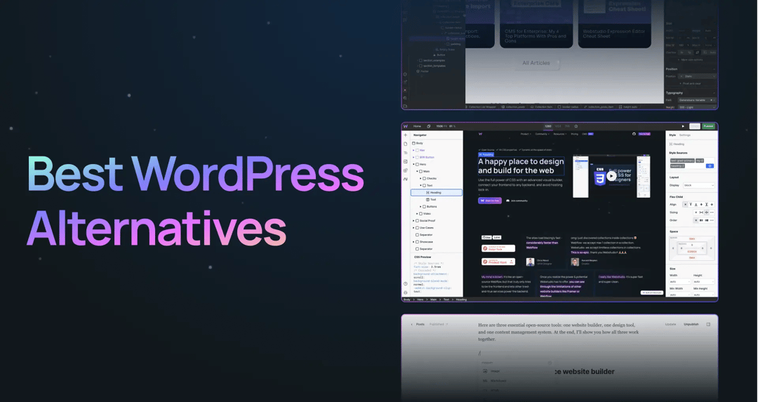 "Best WordPress alternatives" with 3 screenshots of the alternatives