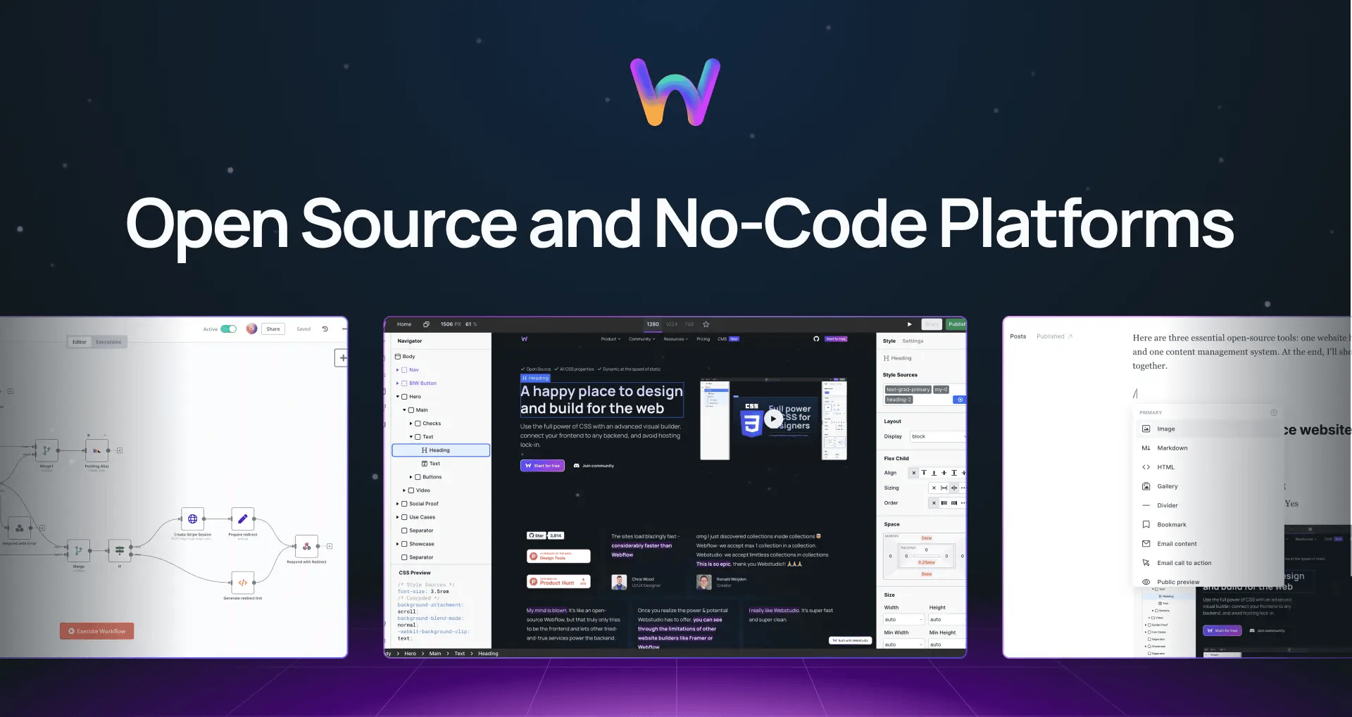 "Open source and no-code platforms" with three screenshots of platforms we use