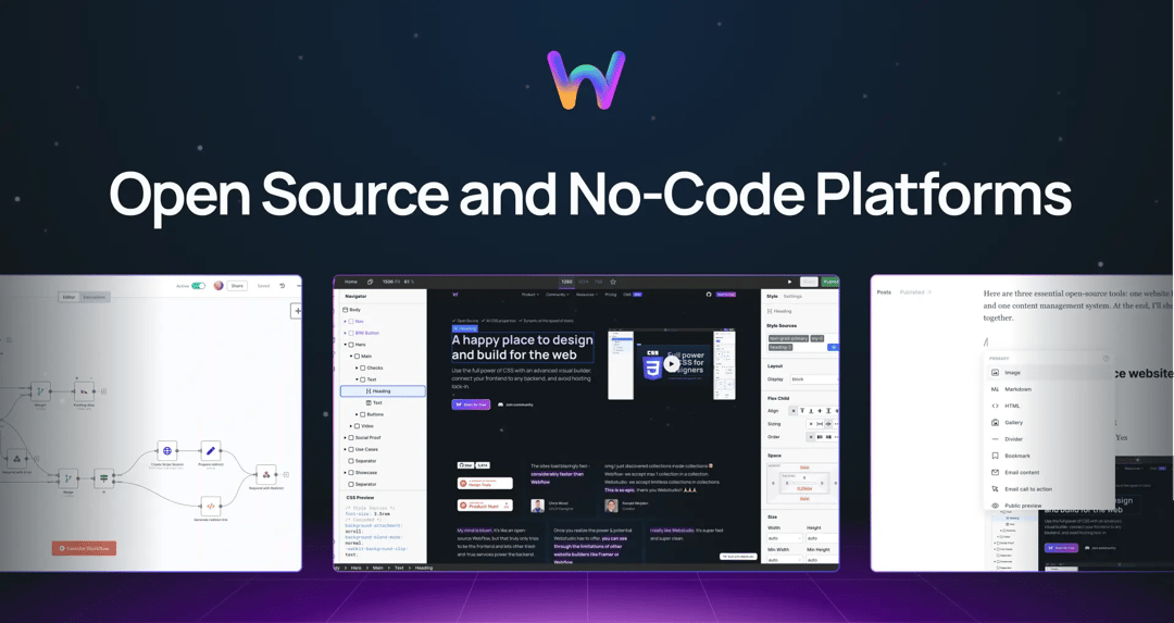 "Open source and no-code platforms" with three screenshots of platforms we use