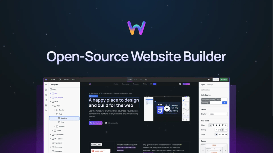 "Open-Source Website Builder" with a screenshot of Webstudio