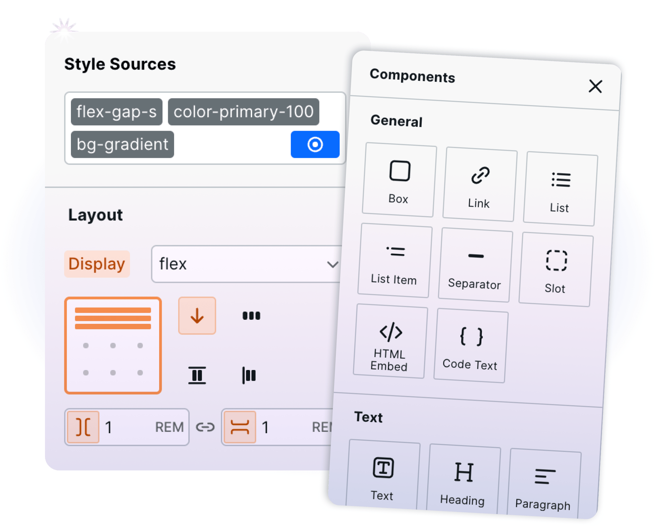 Style panel and components in no code visual editor with tokens