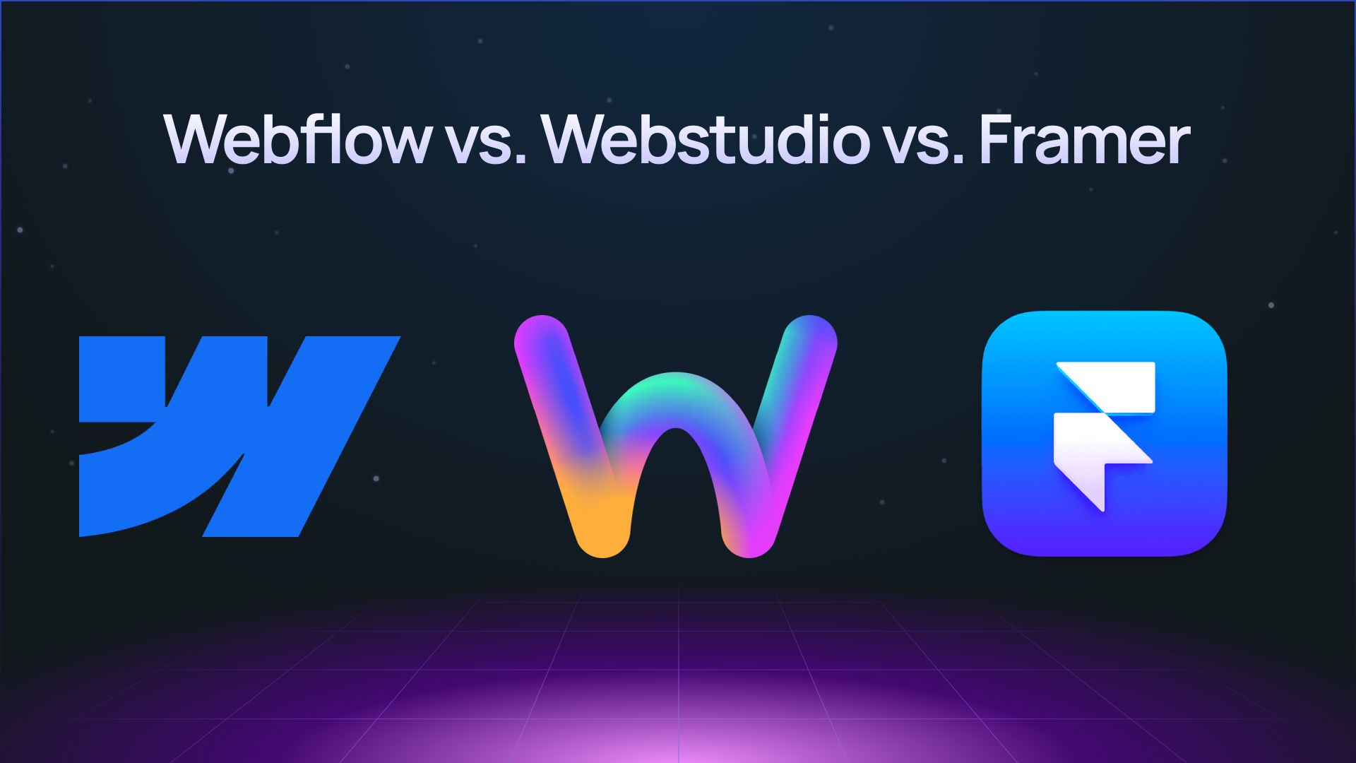 "Webflow vs Webstudio vs Framer" with each of their logos