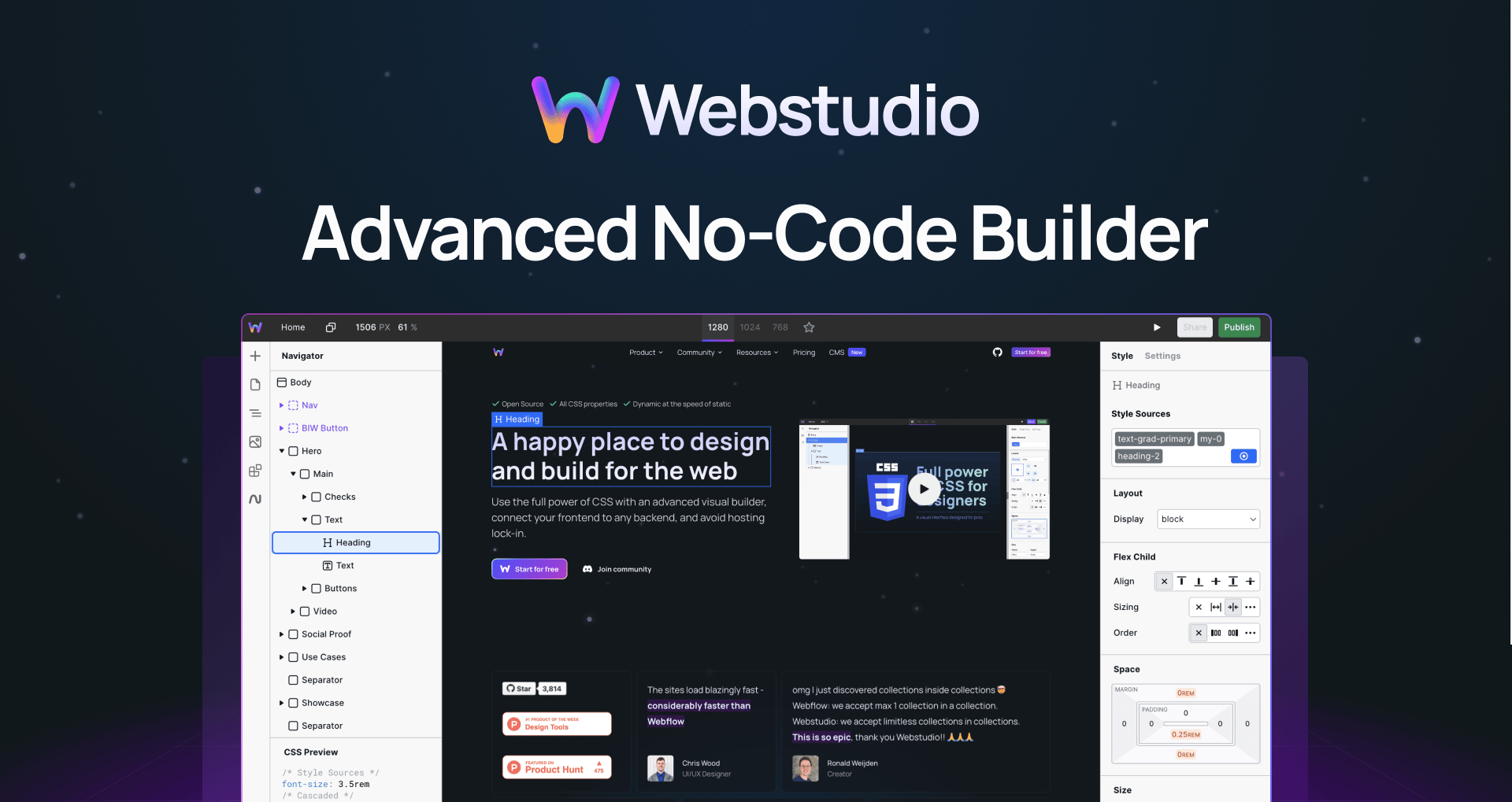 "Webstudio advanced no-code builder" with screenshot of the website builder