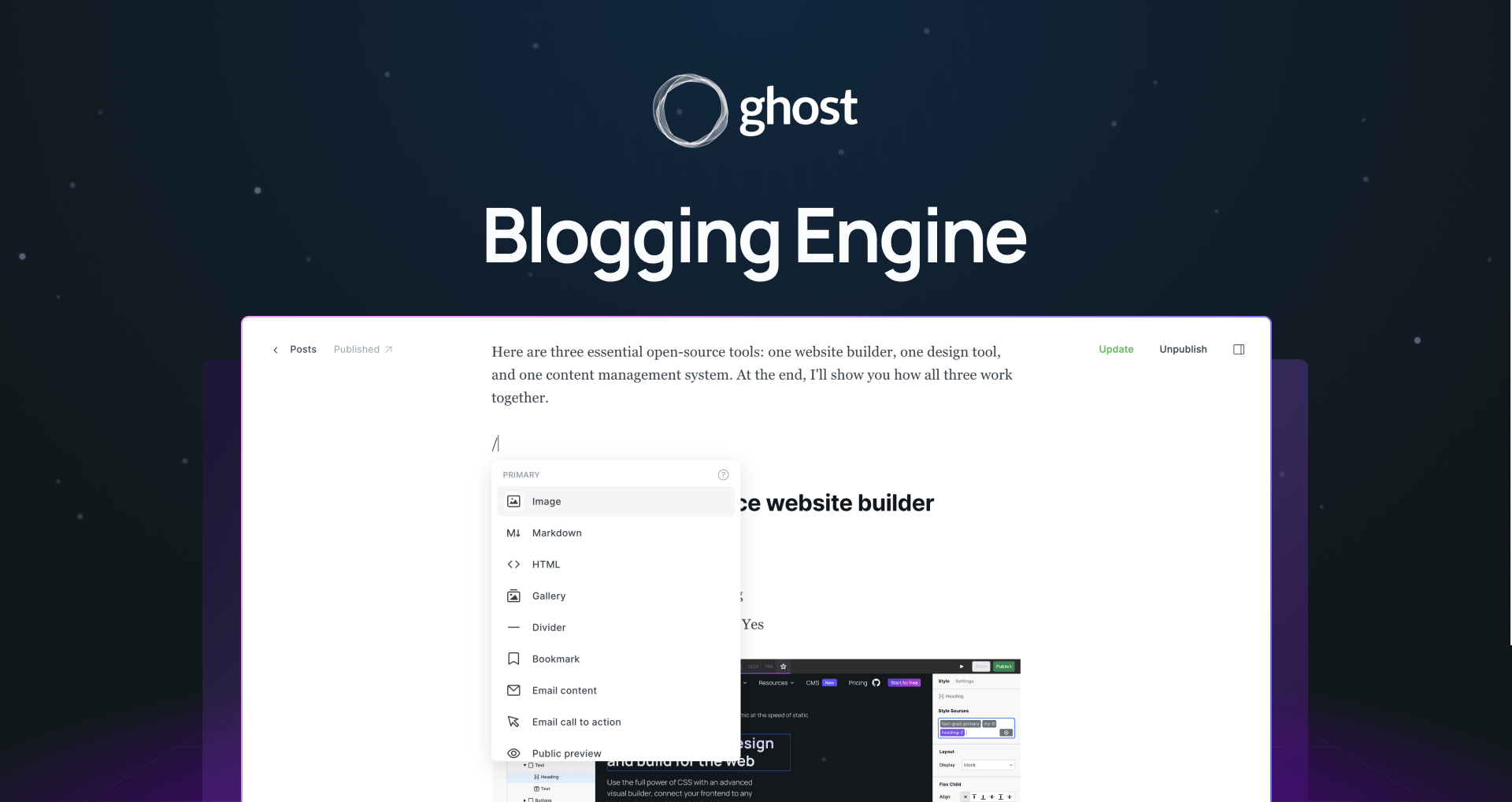 "Ghost blogging engine" with screenshot of the post editor